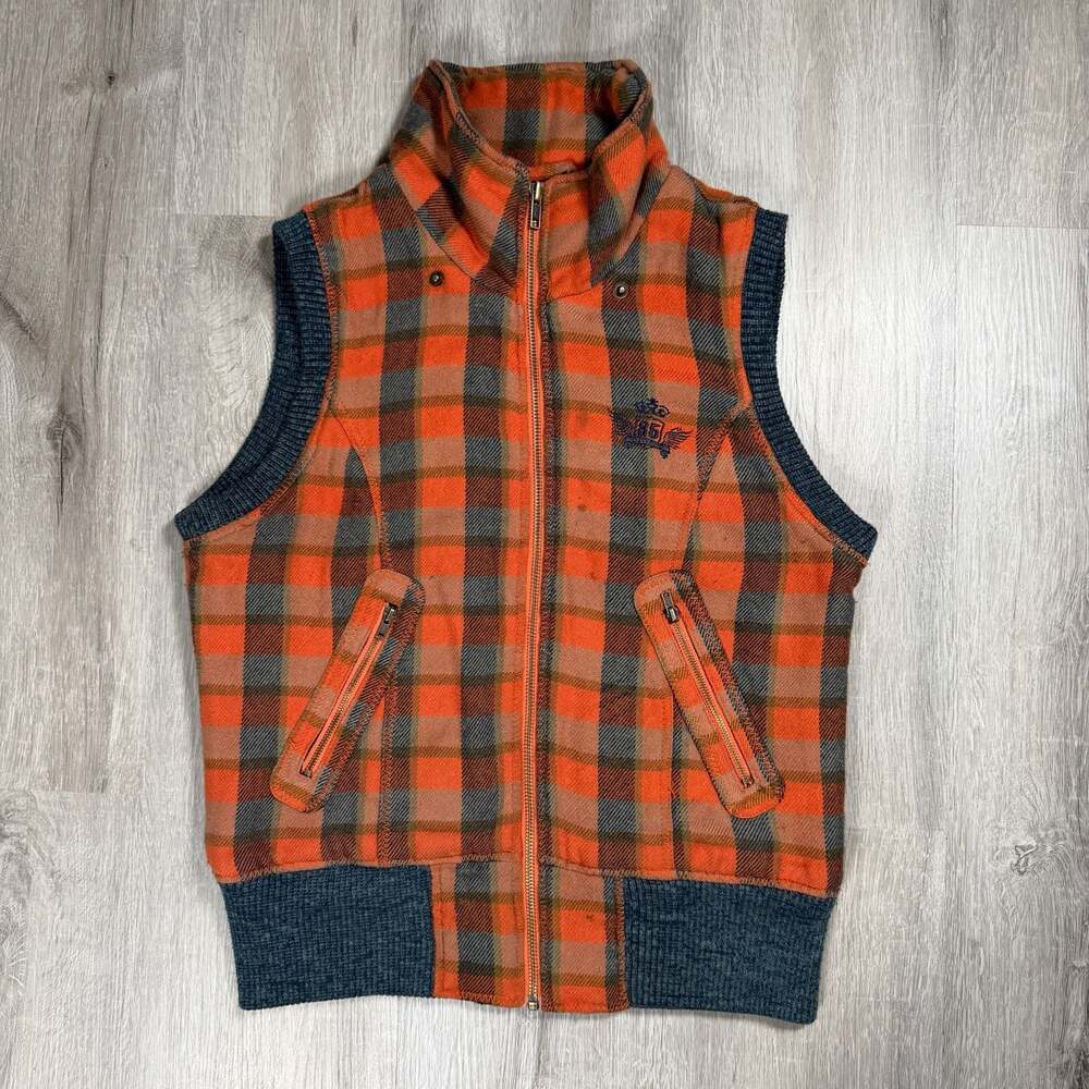 Mens Y2K ONLY The Unlimited Label Orange and Grey Plaid Full-Zip Vest Medium
